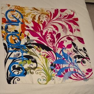 Vibrant Floral Scarf with Bold Script